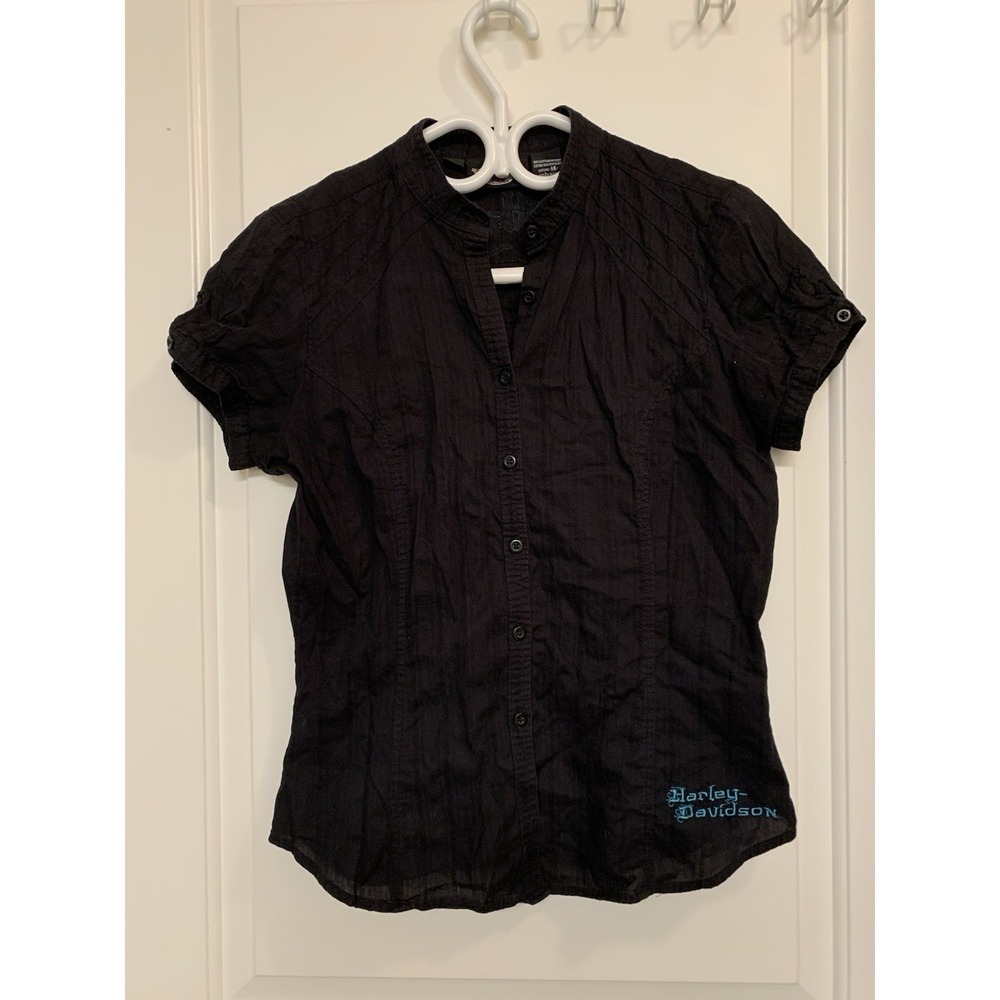 Harley Davidson Embroidered Angel Wings Pinstripe Shirt Short Sleeve Black Small - Picture 2 of 10